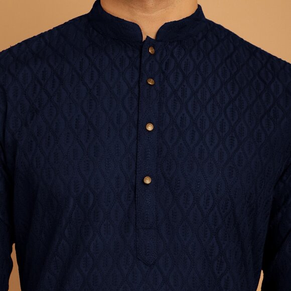 Men's Cotton Chikankari Navy Blue  Regular Fit Kurta Pyjama Set - Picture 6 of 7